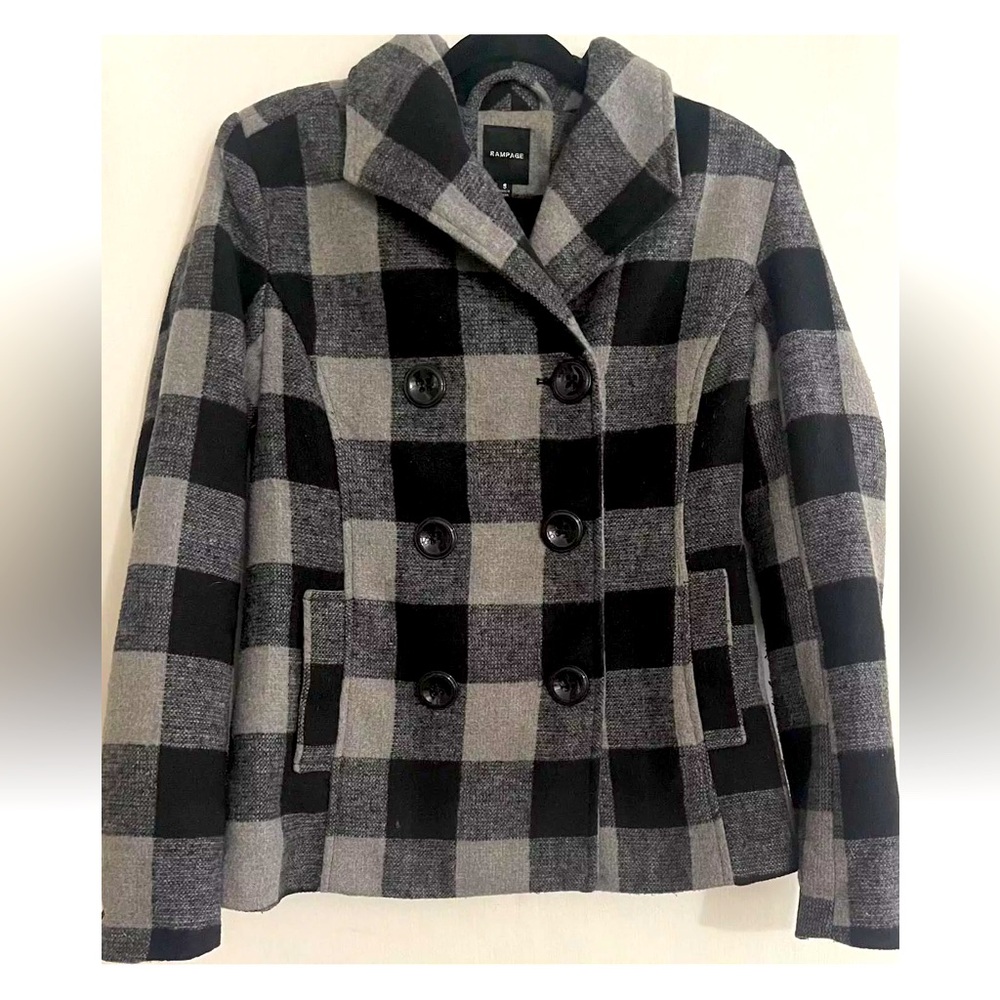 RAMPAGE Charcoal Pea Coat Jacket Caviar Plaid Women's Size SMALL